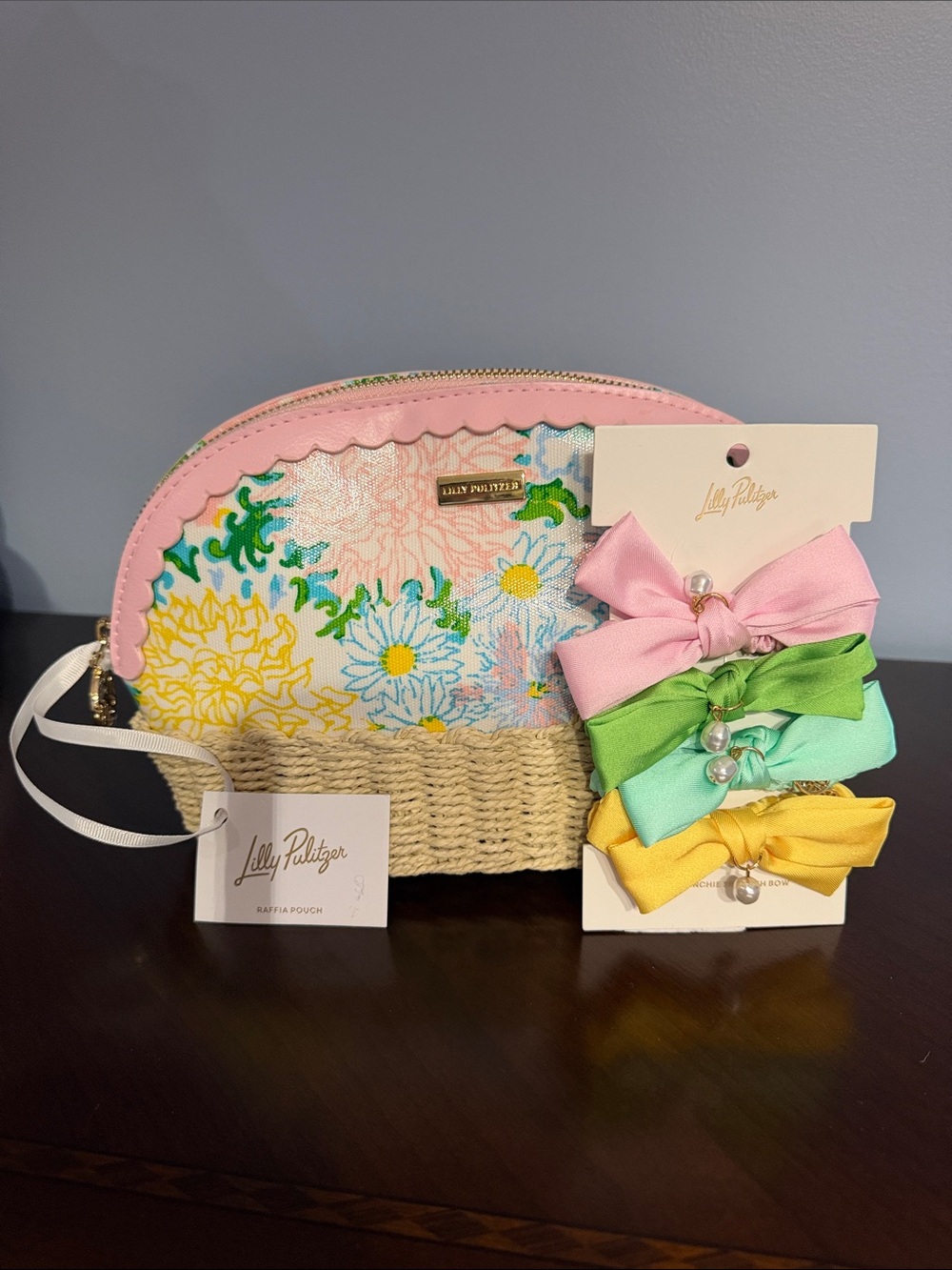 Lilly Pulitzer Pink Floral Raffia Pouch with Pastel Scrunchie set